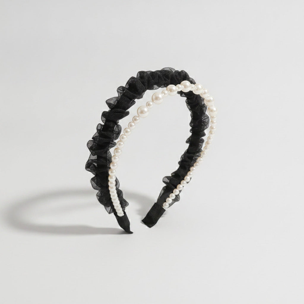 Pearl Beaded Ruffle Headband - Black