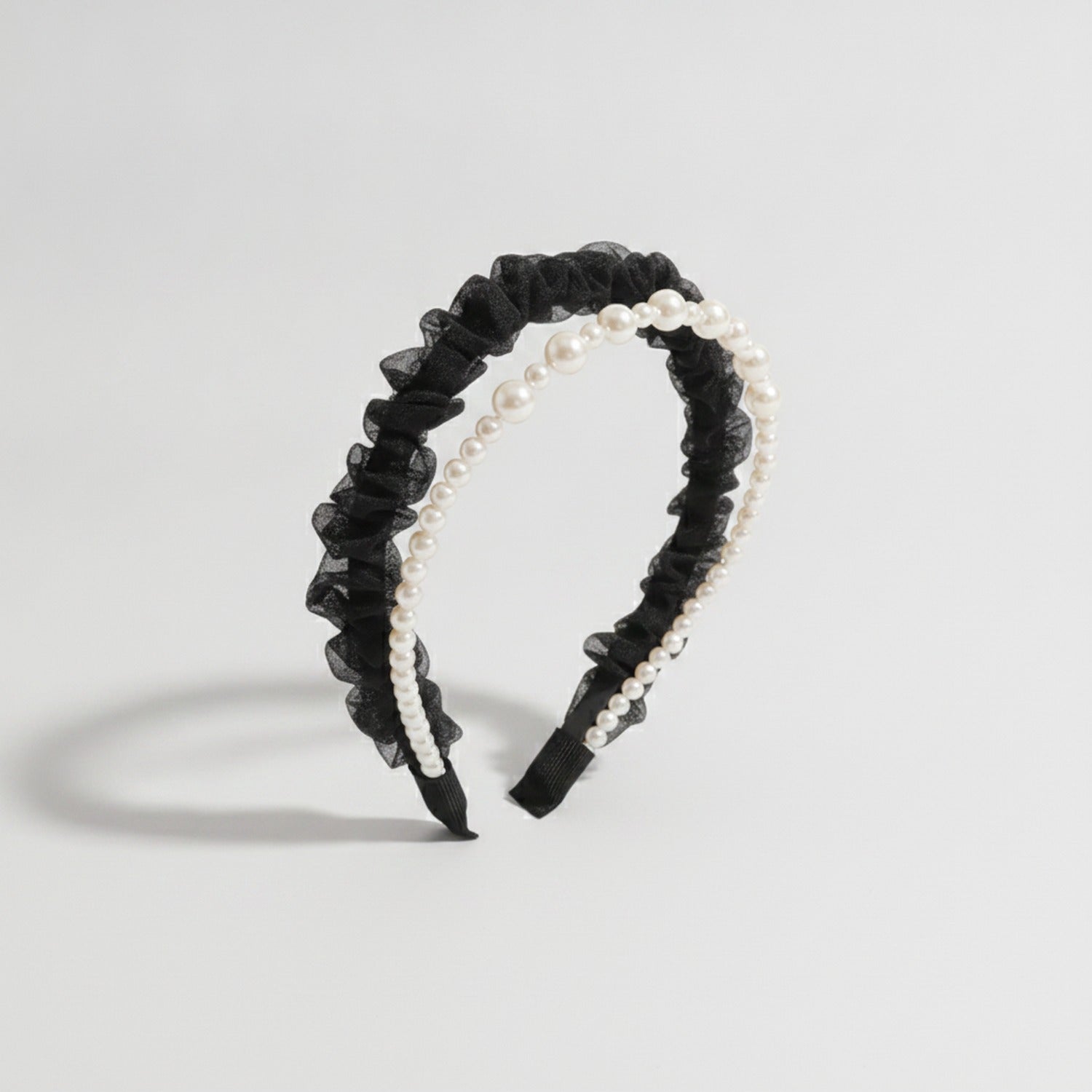 Pearl Beaded Ruffle Headband - Black