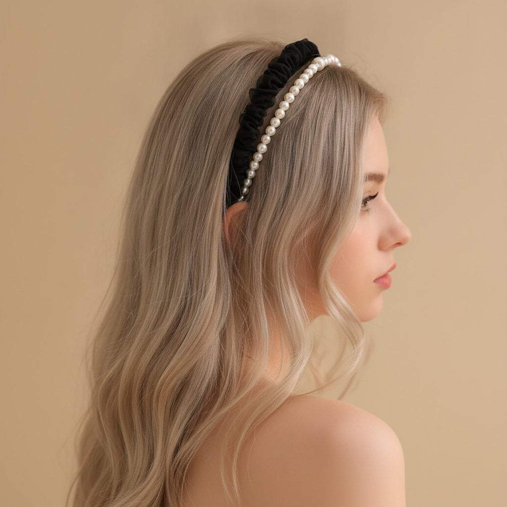 Pearl Beaded Ruffle Headband - Black