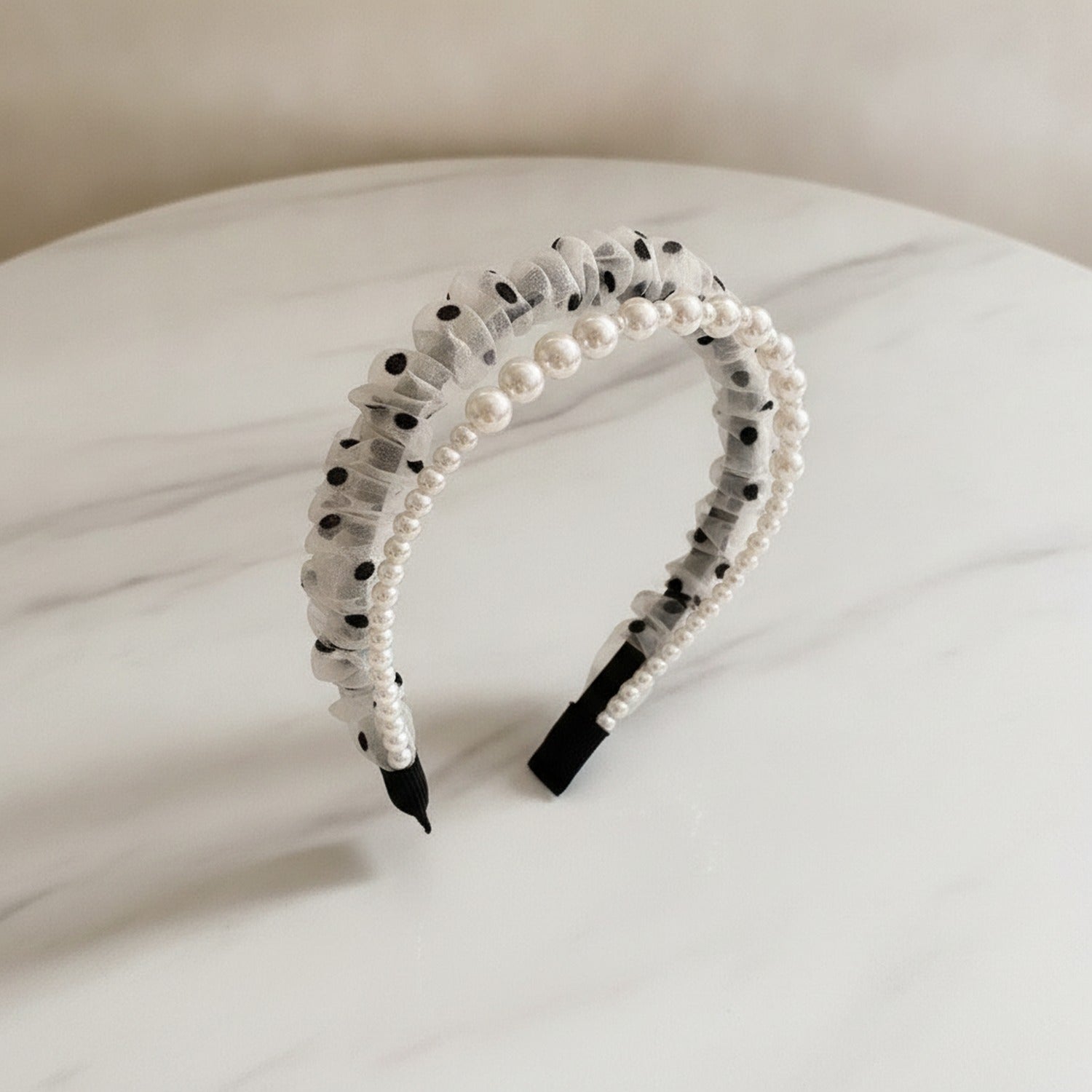 Pearl Beaded Ruffle Headband - Champagne