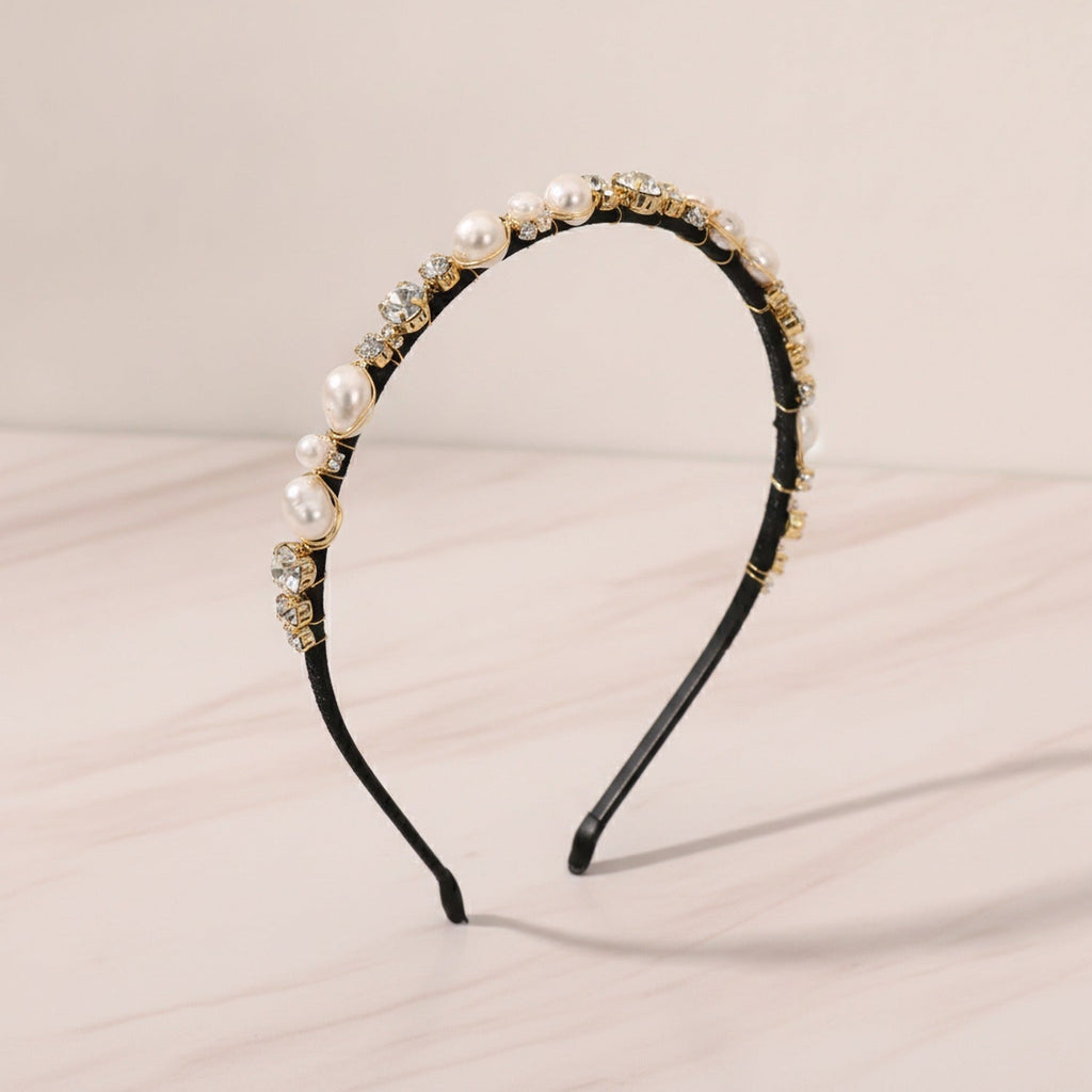 Pearl And Rhinestone Velvet Headband - Black