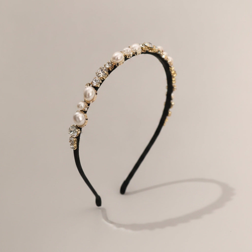 Pearl And Rhinestone Velvet Headband - Black