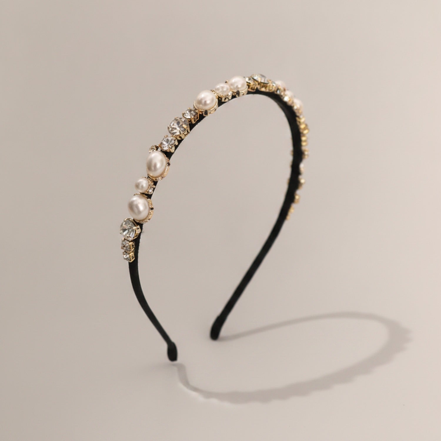 Pearl And Rhinestone Velvet Headband - Black
