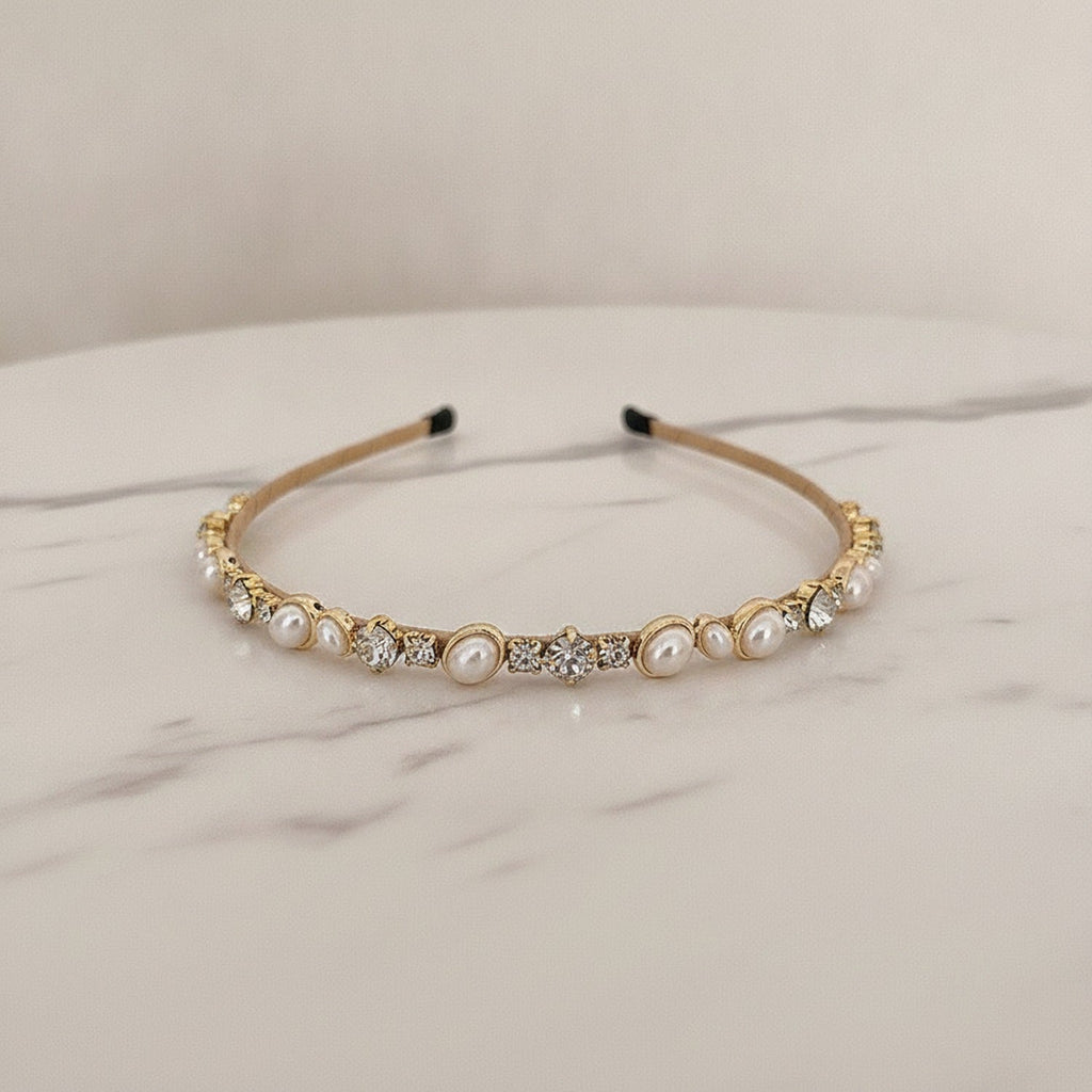 Pearl And Rhinestone Velvet Headband - Champagne