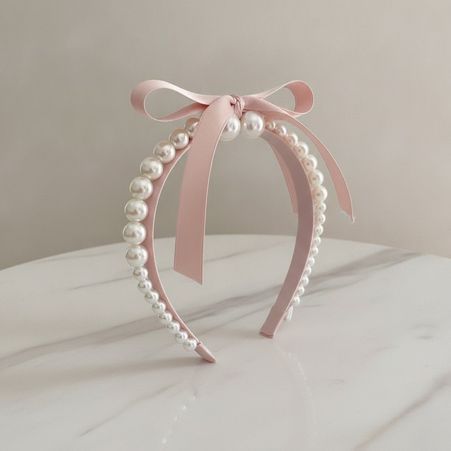 Pearl Beaded Ribbon Bow Headband Pink