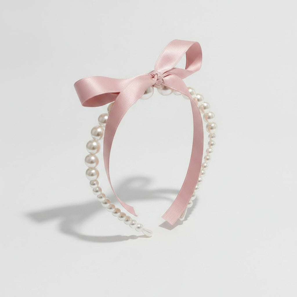Pearl Beaded Ribbon Bow Headband Pink – hair accessories (view 1)