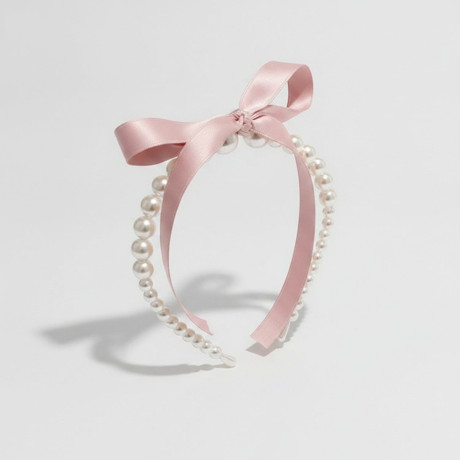 Pearl Beaded Ribbon Bow Headband Pink