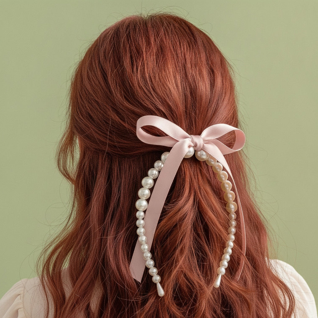 Pearl Beaded Ribbon Bow Headband Pink – hair accessories (view 3)