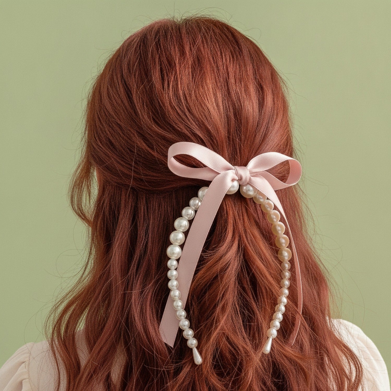Pearl Beaded Ribbon Bow Headband Pink