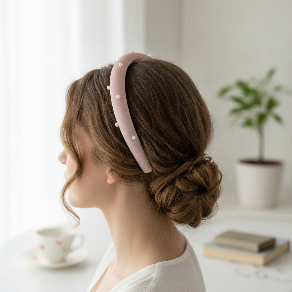 Pearl Beaded Padded Headband Blush – hair accessories (view 2)