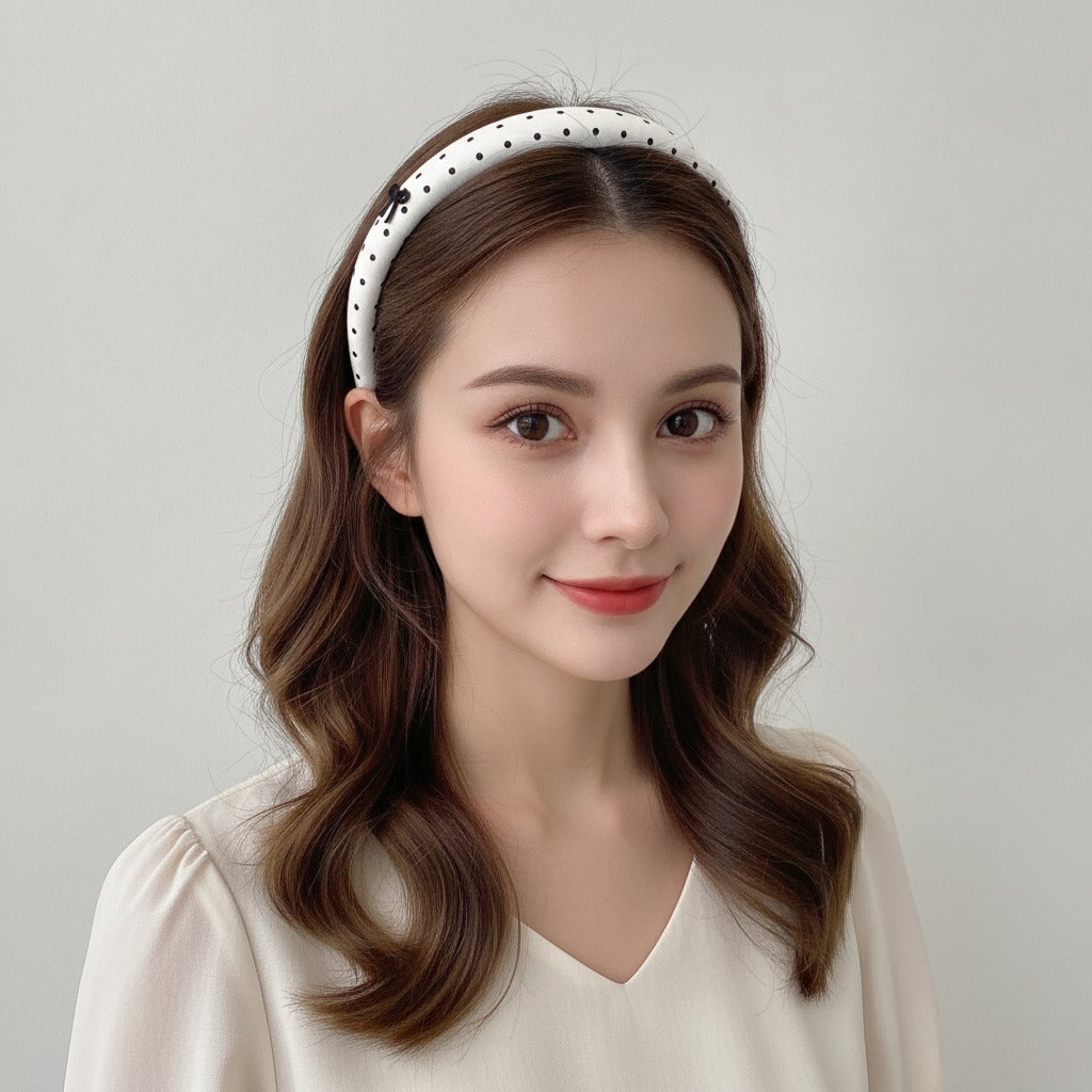 Rhinestone Studded Padded Headband Bow - Beige Polka Dot Hair Clip – hair accessories (view 4)