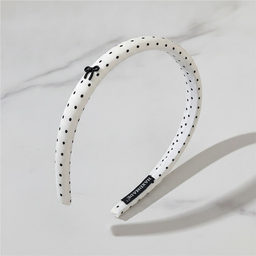 Rhinestone Studded Padded Headband Bow - Beige Polka Dot Hair Clip
