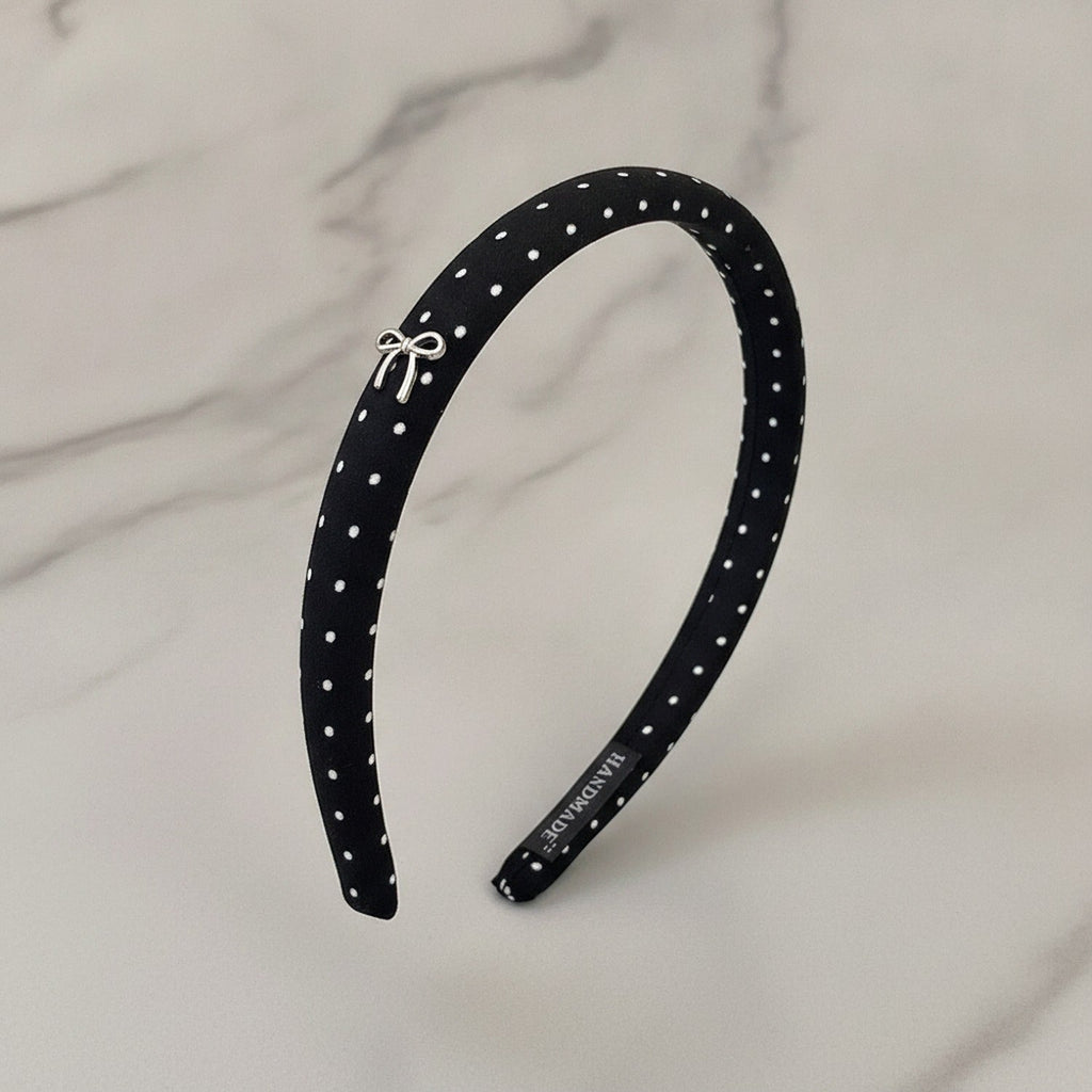 Rhinestone Studded Padded Headband Bow - Black Polka Dot Hair Band