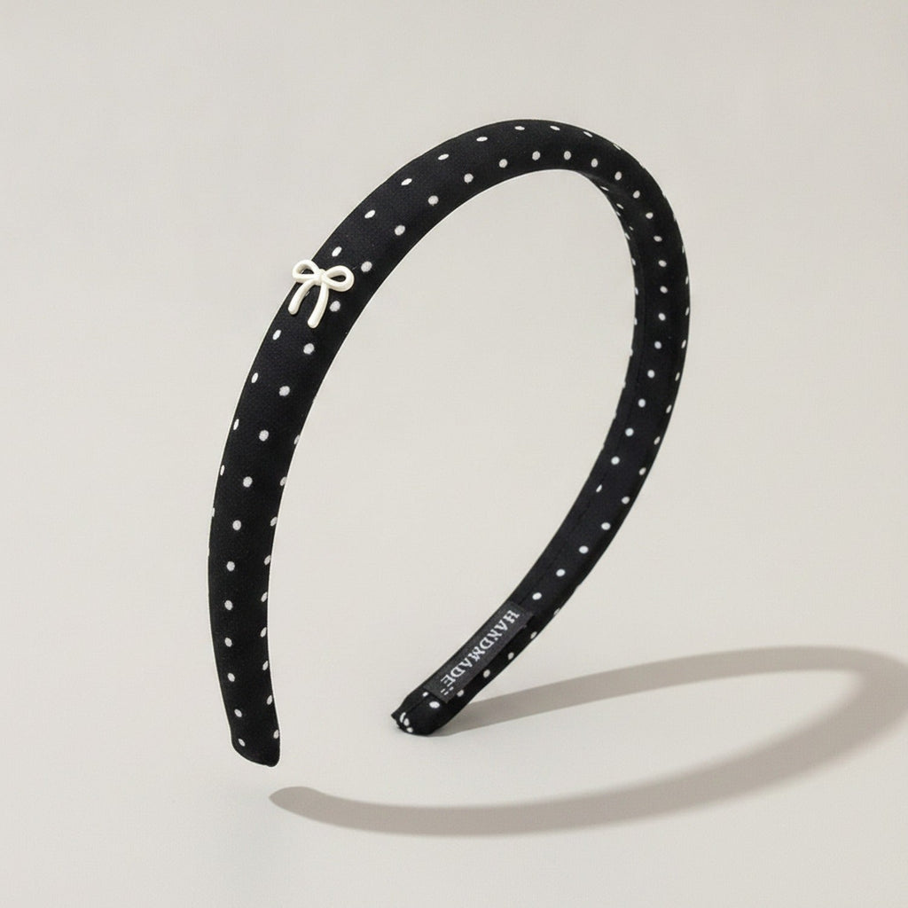Rhinestone Studded Padded Headband Bow - Black Polka Dot Hair Band