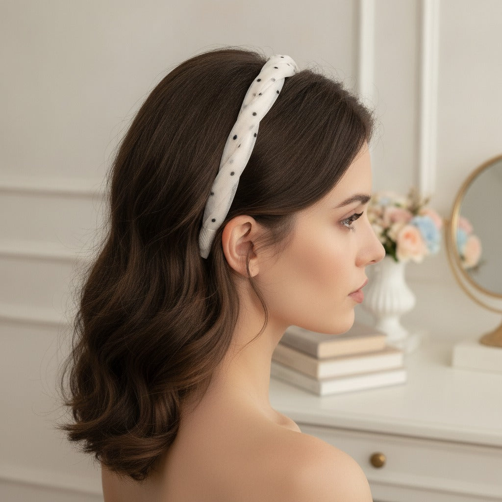 White Beaded Padded Headband With Black Stripe – hair accessories (view 2)