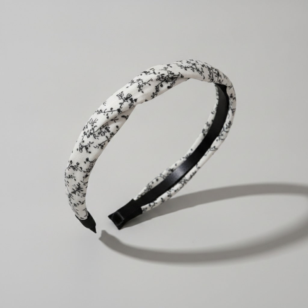 Floral Print Padded Headband Black White – hair accessories (view 1)