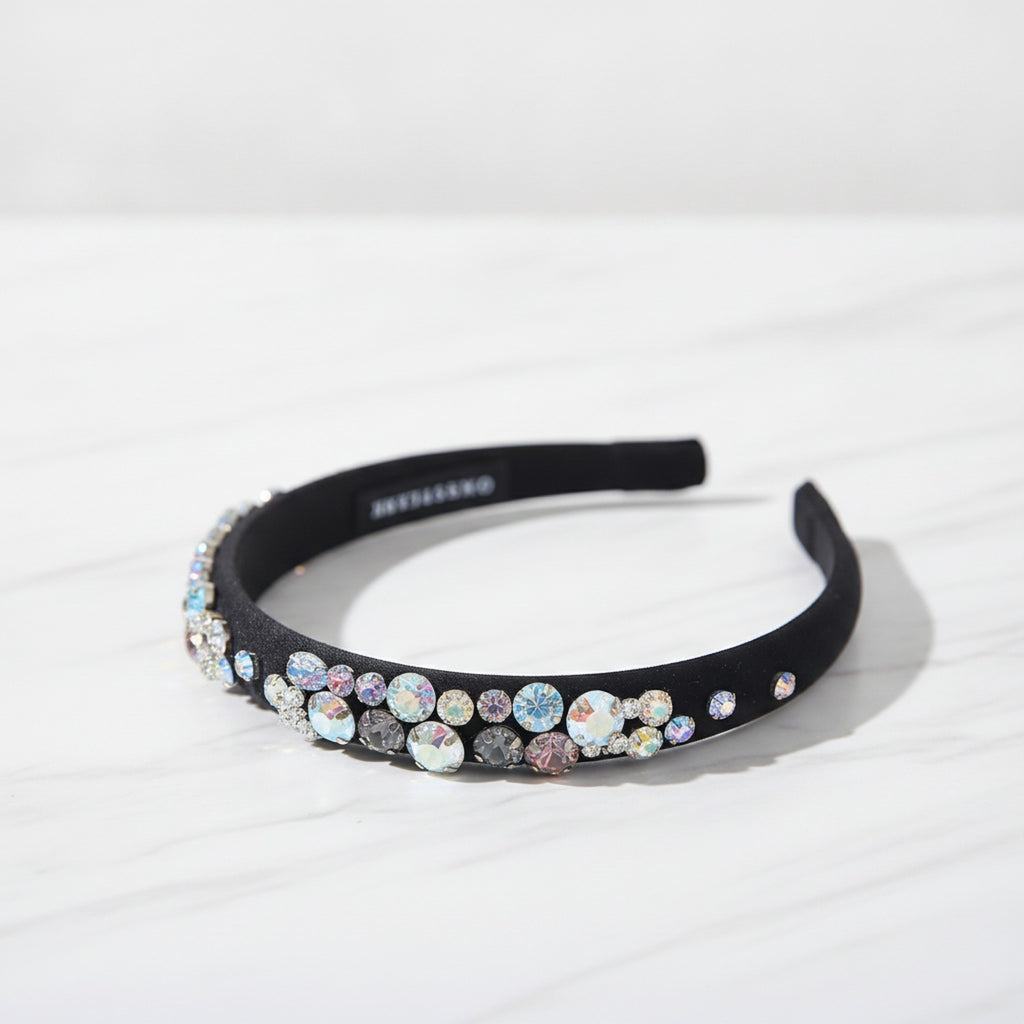 Padded Headband With Rhinestone Flowers - Black