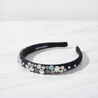 Padded Headband With Rhinestone Flowers - Black