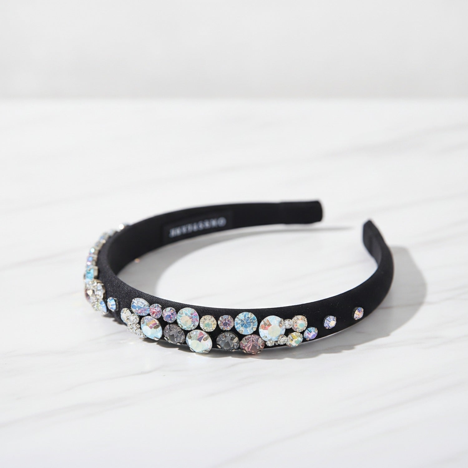 Padded Headband With Rhinestone Flowers - Black
