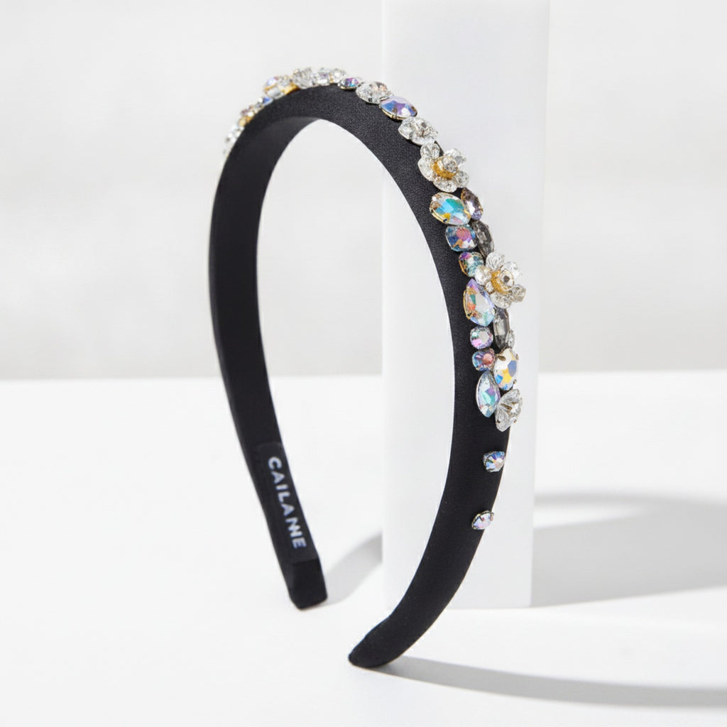 Padded Headband With Rhinestone Flowers - Black