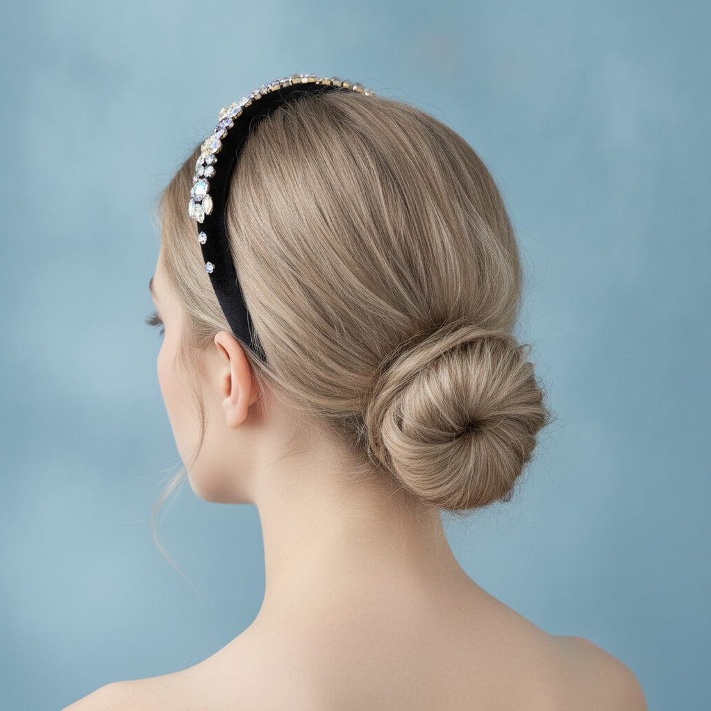 Padded Headband With Rhinestone Flowers - Black