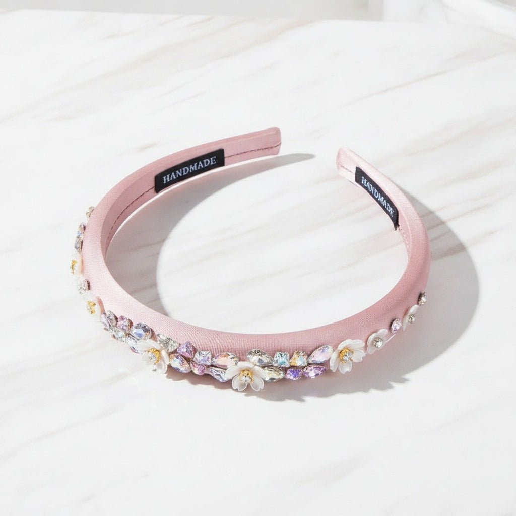 Padded Headband With Rhinestone Flowers - Pink – hair accessories (view 2)