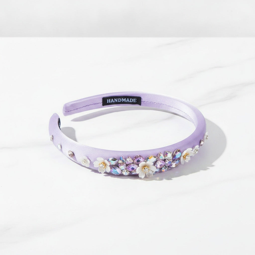 Padded Headband With Rhinestone Flowers - Purple