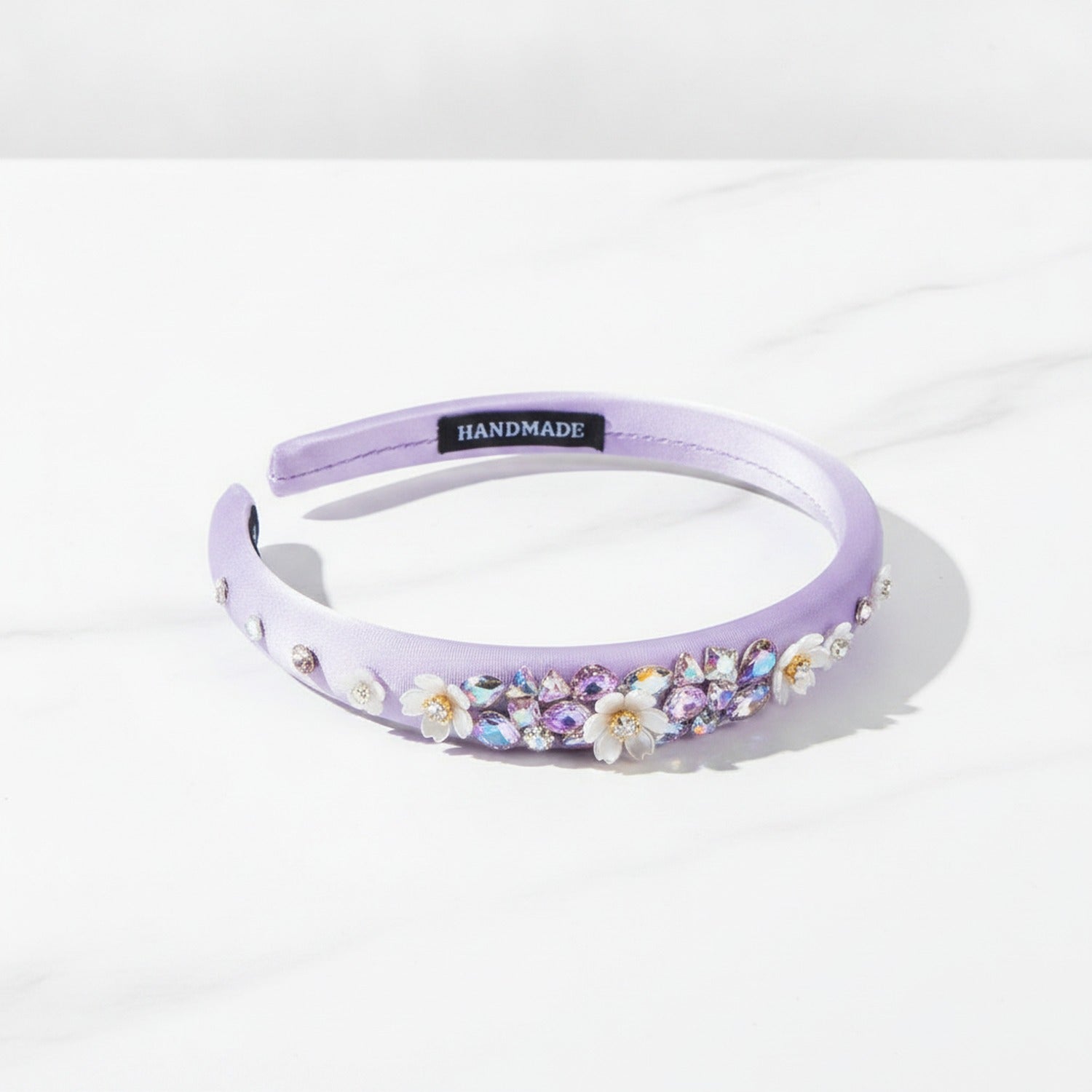 Padded Headband With Rhinestone Flowers - Purple