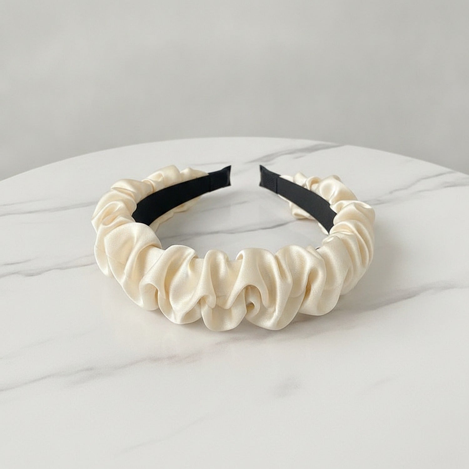 Black Ruched Fabric Padded Headband - Beige Intestine Ruffle 6cm