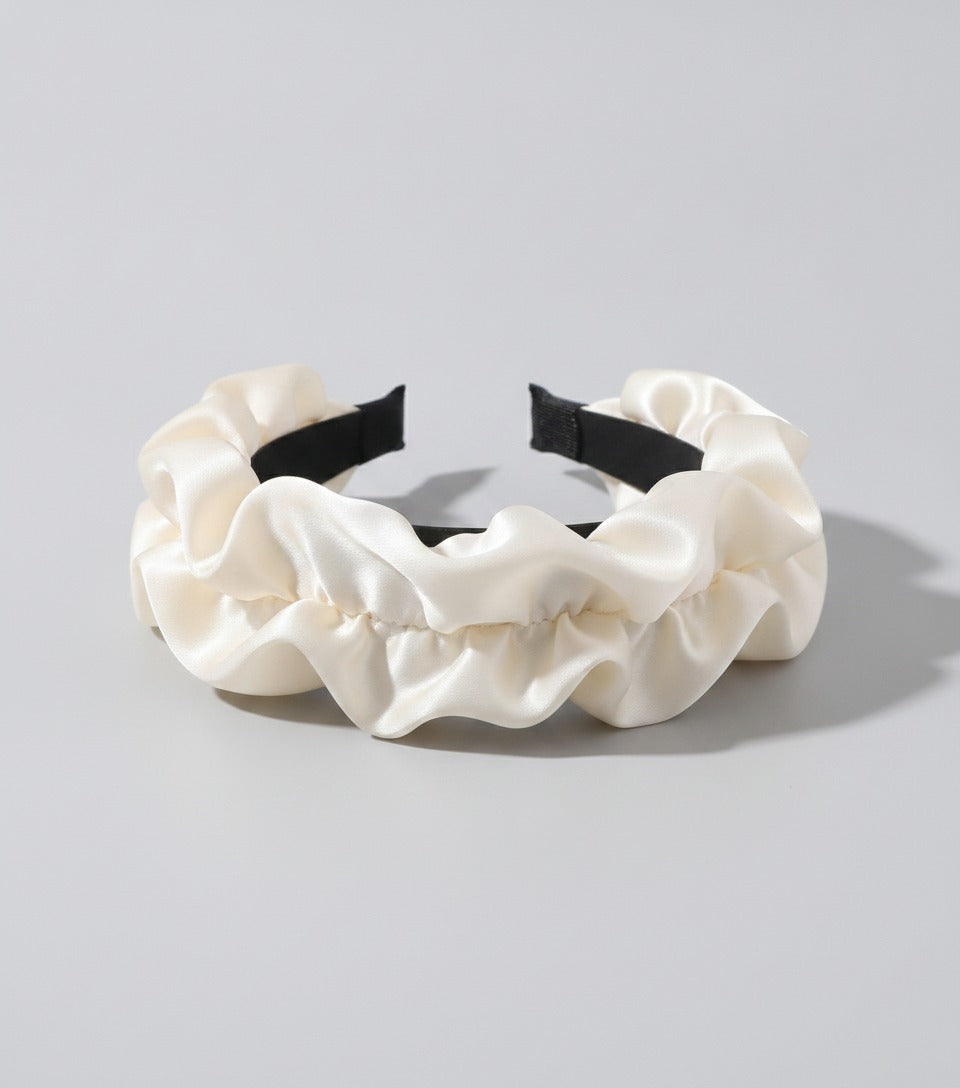 Ruched Fabric Padded Headband - Beige Intestine Ruffle 6cm – hair accessories (view 1)