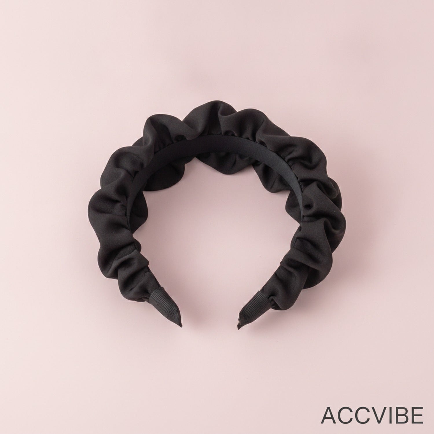 Black Ruched Fabric Padded Headband - Black Intestine Ruffle 6cm