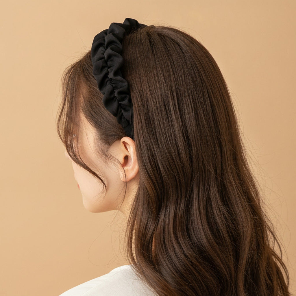 Ruched Fabric Padded Headband - Black Intestine Ruffle 6cm