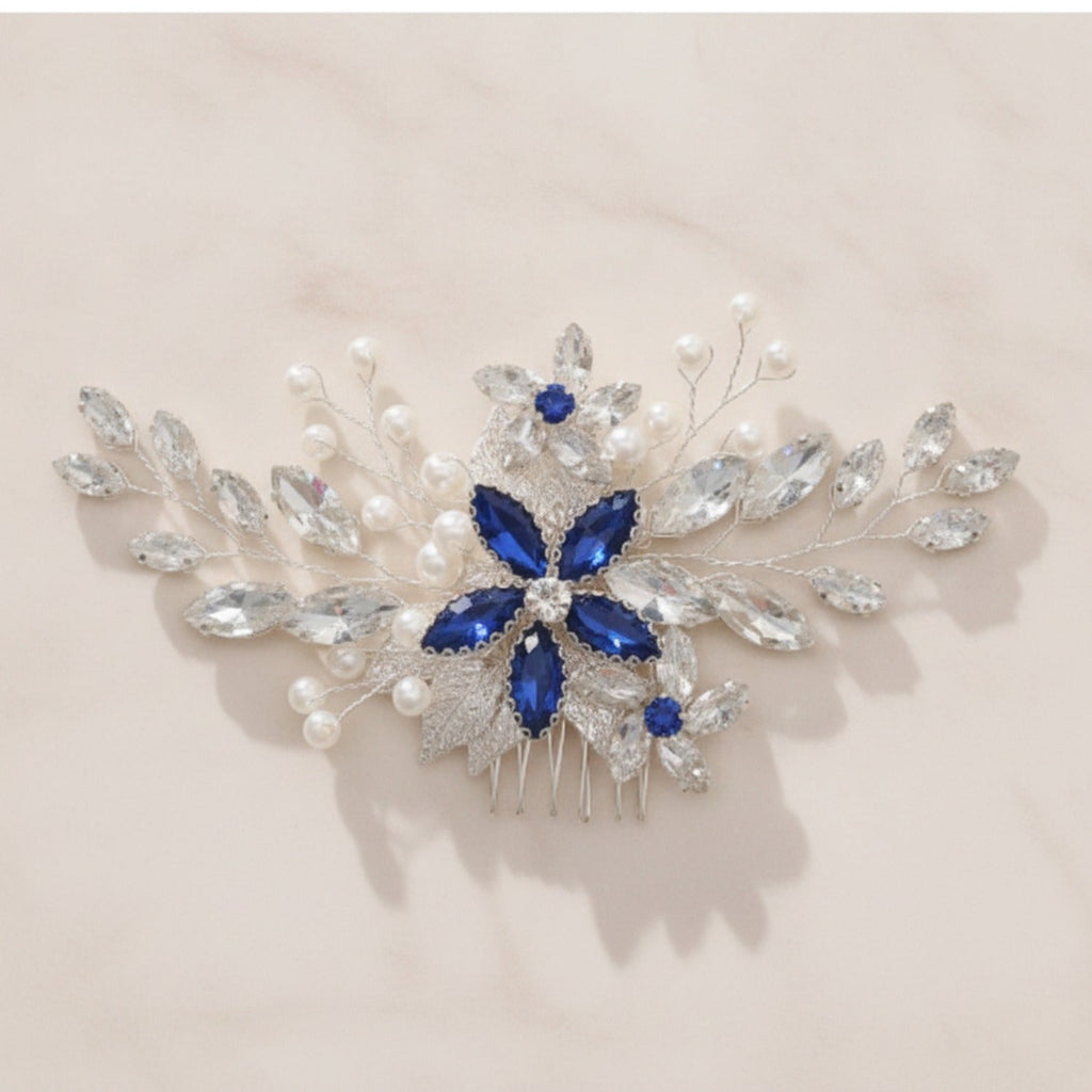 Crystal Floral Hair Comb - Silver Blue Diamond – hair accessories (view 2)