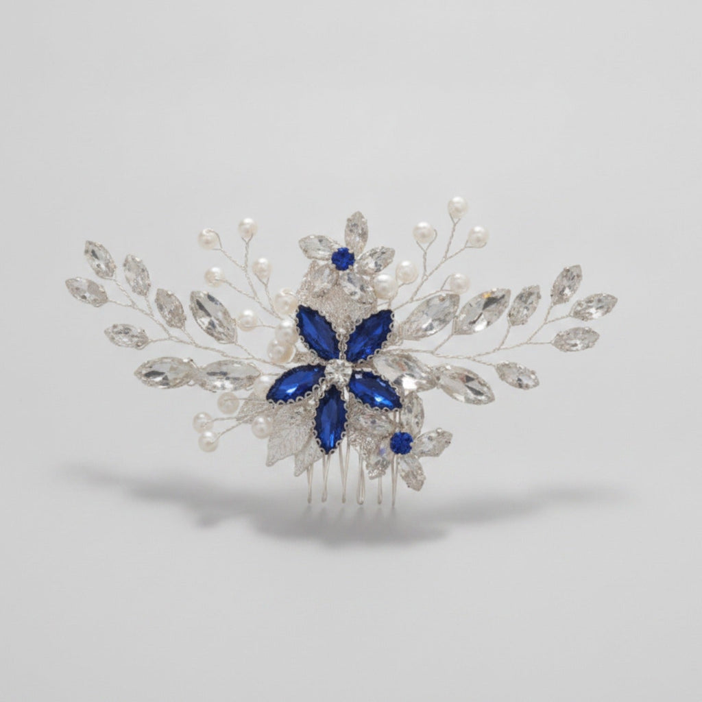 Crystal Floral Hair Comb - Silver Blue Diamond – hair accessories (view 1)