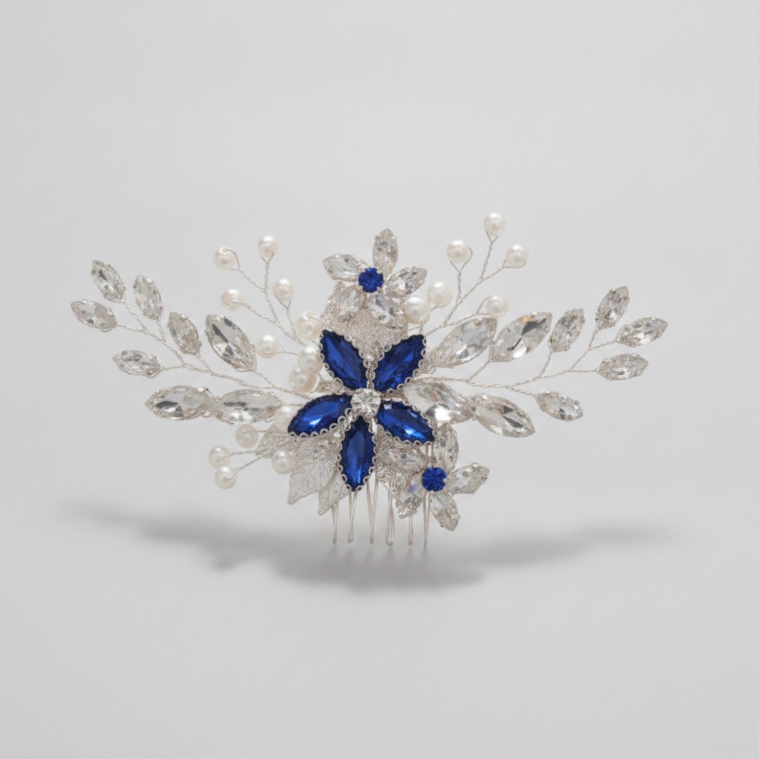 Crystal Floral Hair Comb - Silver Blue Diamond – hair accessories (view 1)