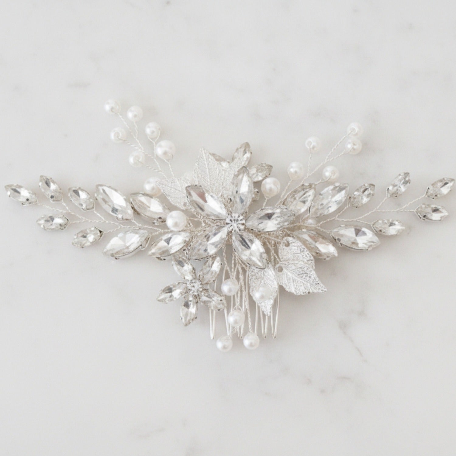Crystal Floral Hair Comb - Silver White Diamond