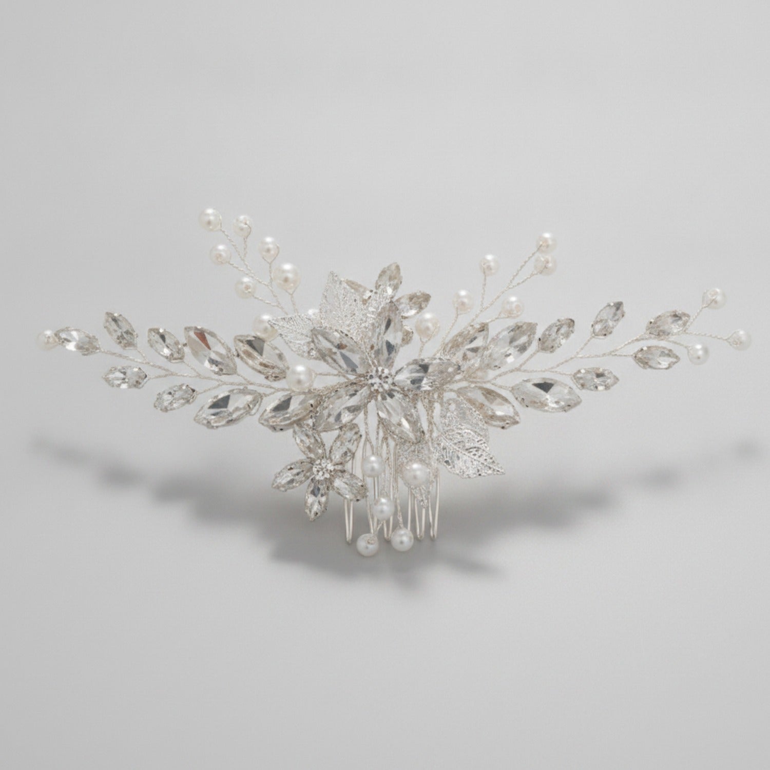 Crystal Floral Hair Comb - Silver White Diamond