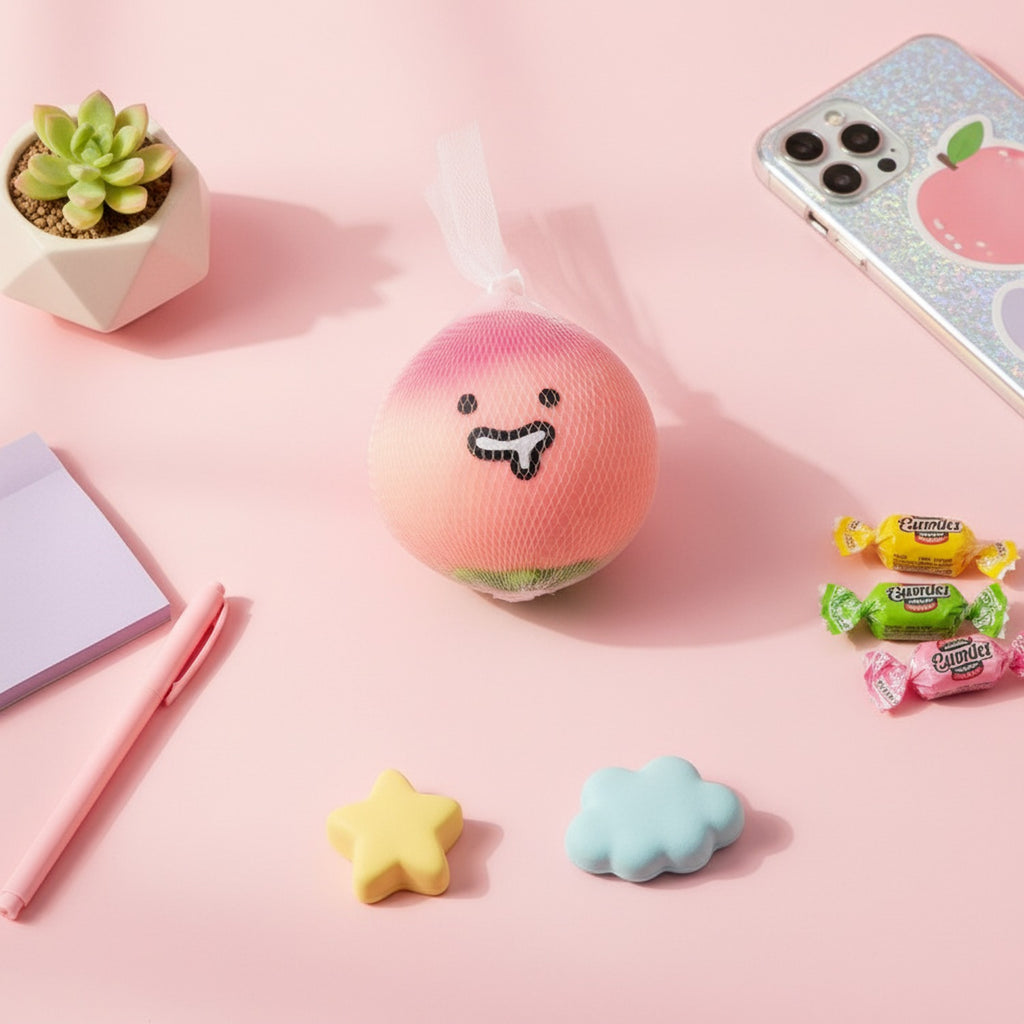 Pink Lychee Squishy With Smiling Face Charm