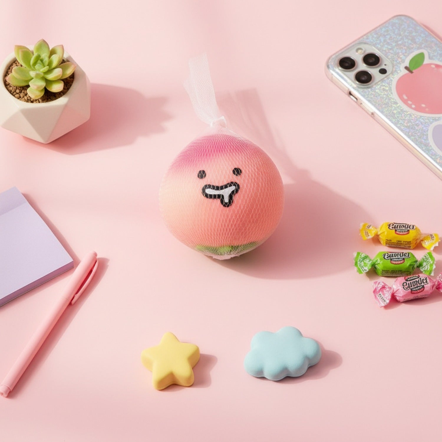Pink Lychee Squishy With Smiling Face Charm