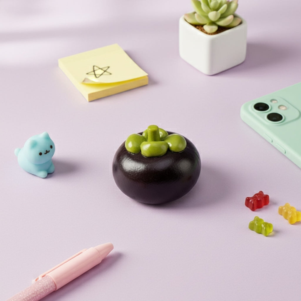 Purple Mangosteen Fruit Squishy With Green Stem