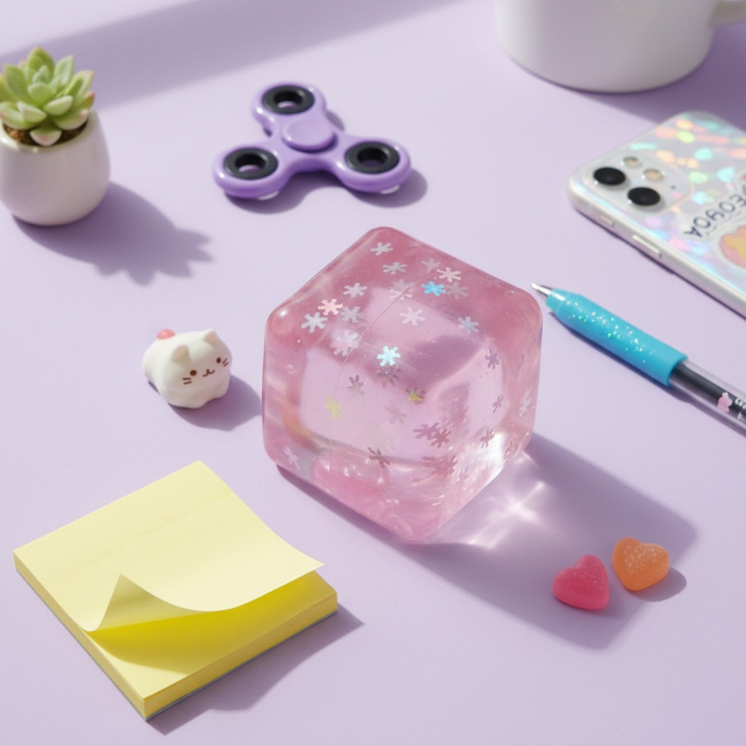 Pink Snowflake Glitter Resin Cube Squishy