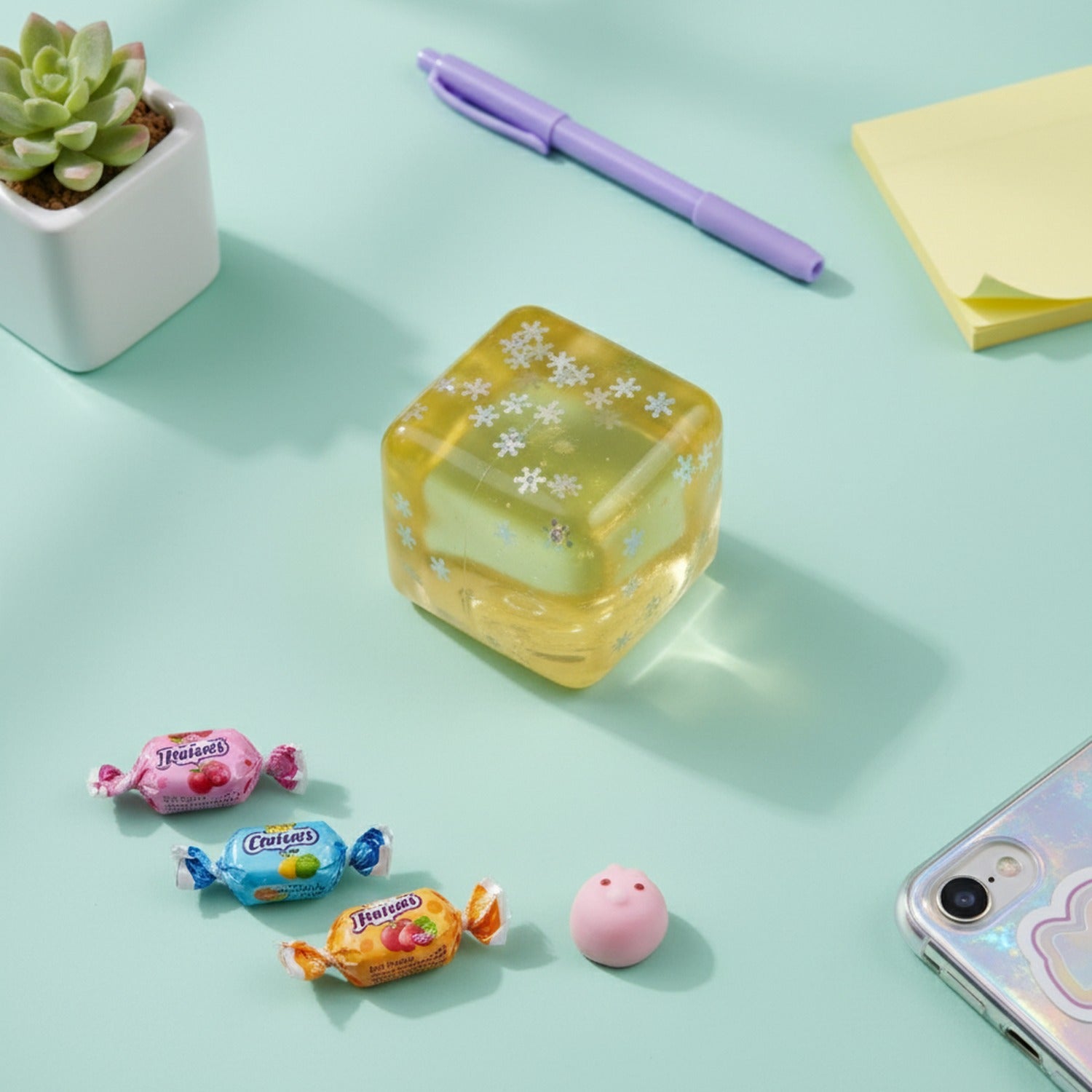 Yellow Snowflake Glitter Squishy Cube