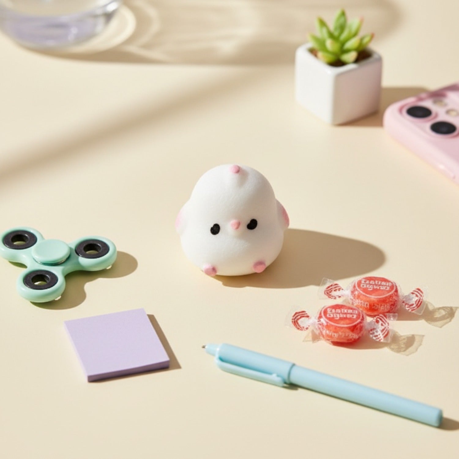 White Fuzzy Ghost Squishy With Pink Cheeks