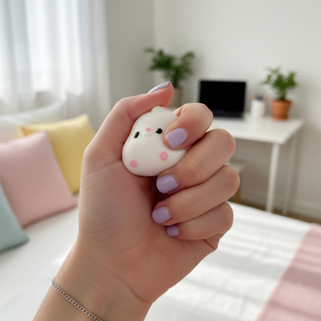 White Fuzzy Ghost Squishy With Pink Cheeks