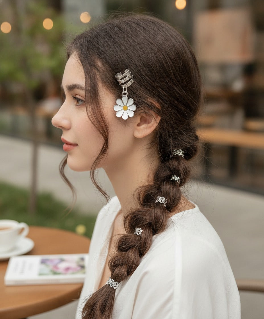 Daisy Charm Hair Clip Set - Silver