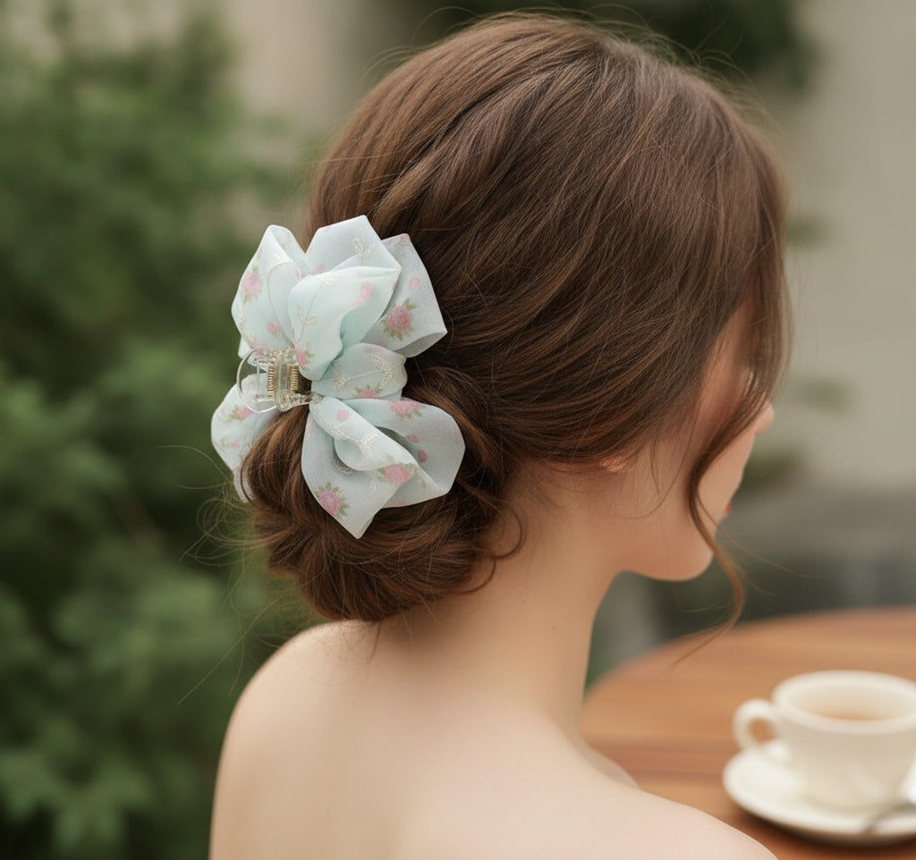 Floral Fabric Hair Claw Clip - Teal 11CM – hair accessories (view 2)