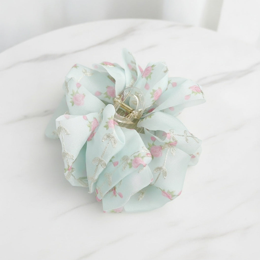 Floral Fabric Hair Claw Clip - Teal 11CM