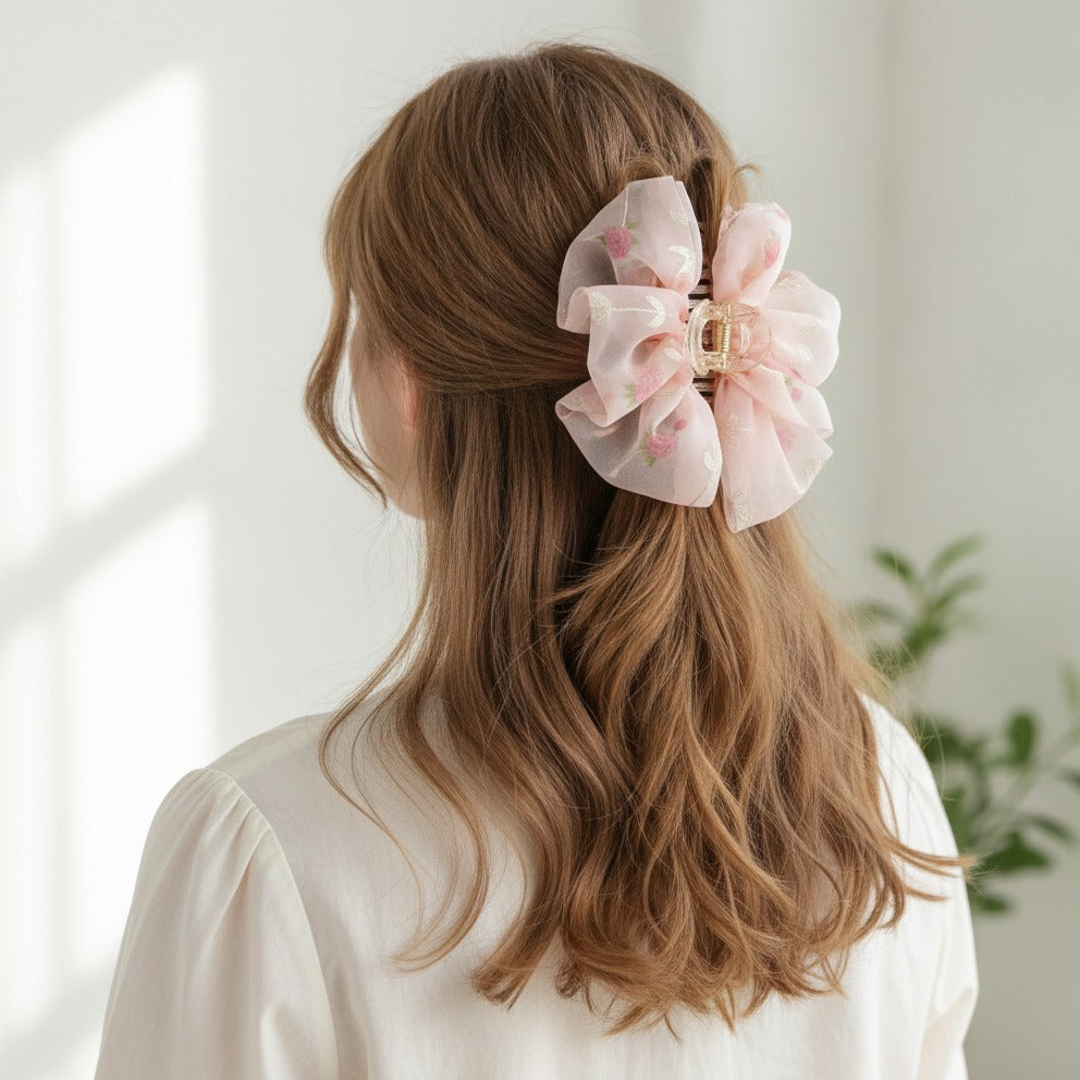 Floral Fabric Hair Claw Clip - Pink 11cm – hair accessories (view 3)