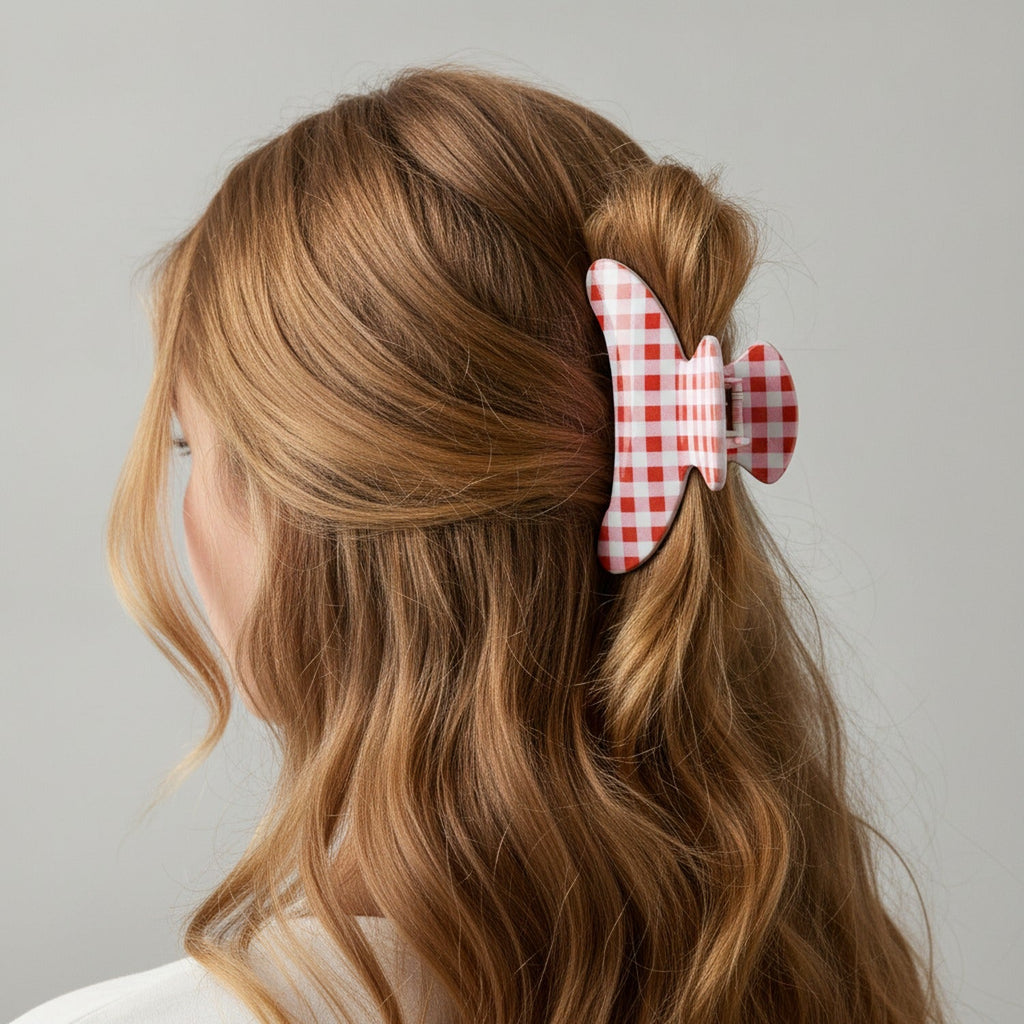 Hair Claw Clip - Red Pink Plaid