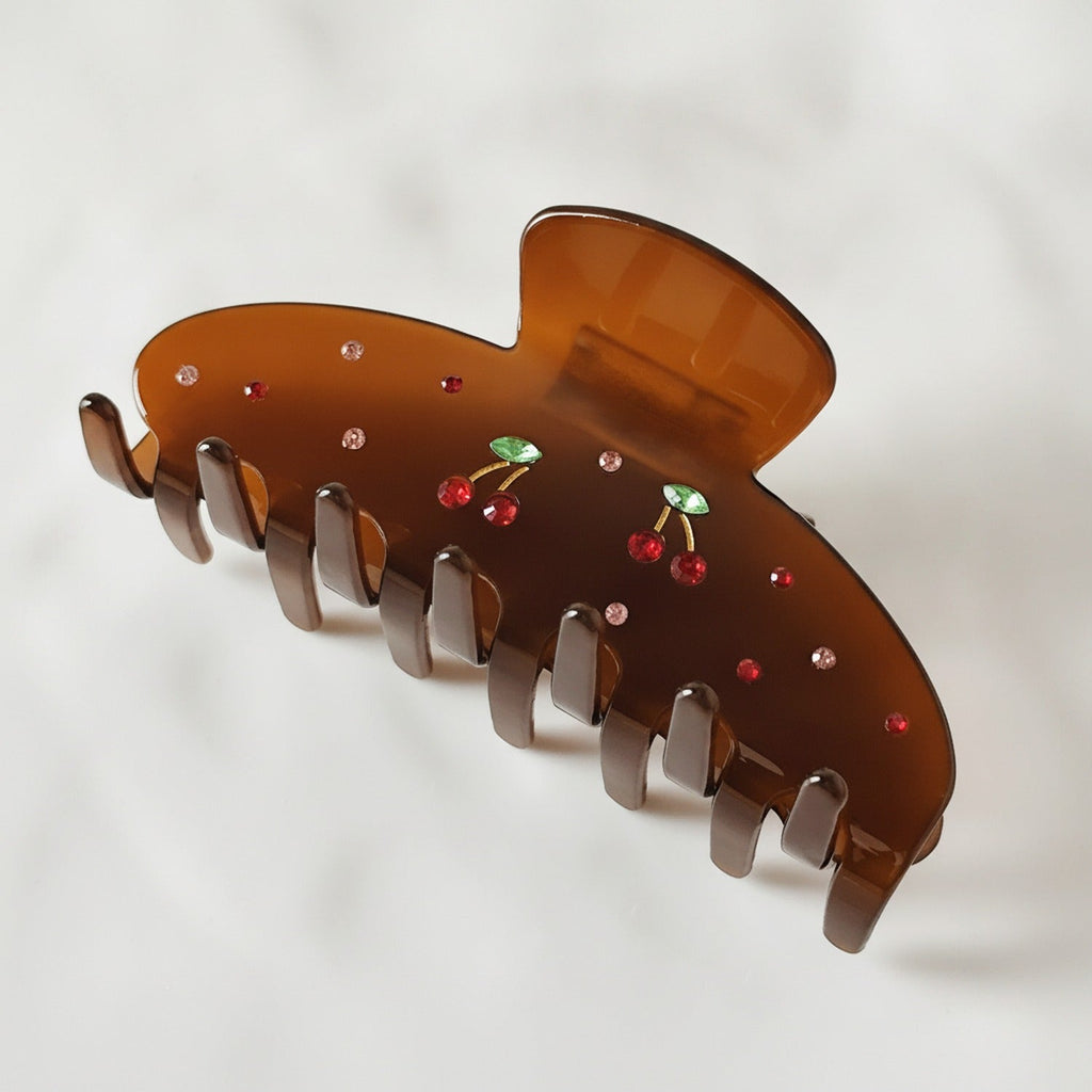 Cherry Rhinestone Hair Claw Clip - Diamond Cherry Claw - Coffee